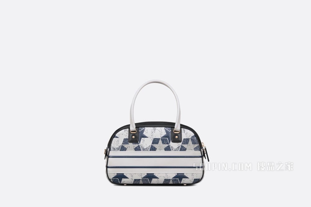 中号 Dior Vibe 经典保龄球包 蓝色和白色牛皮革 Dior Étoile 印花和镂空图案