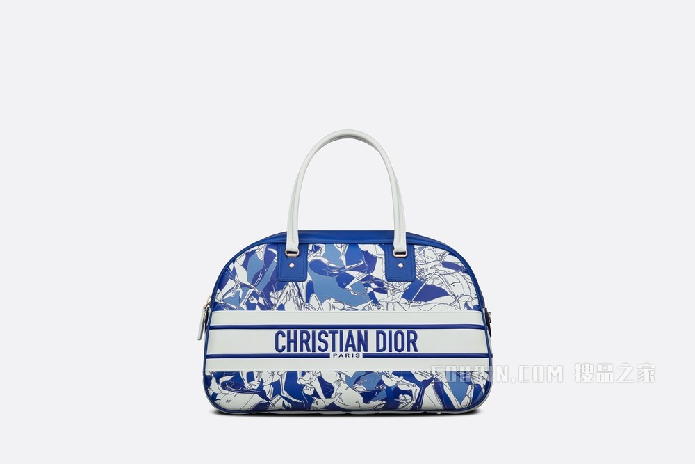 大号 Dior Vibe 经典保龄球包 蓝色和白色光滑牛皮革 Athlètes 图案