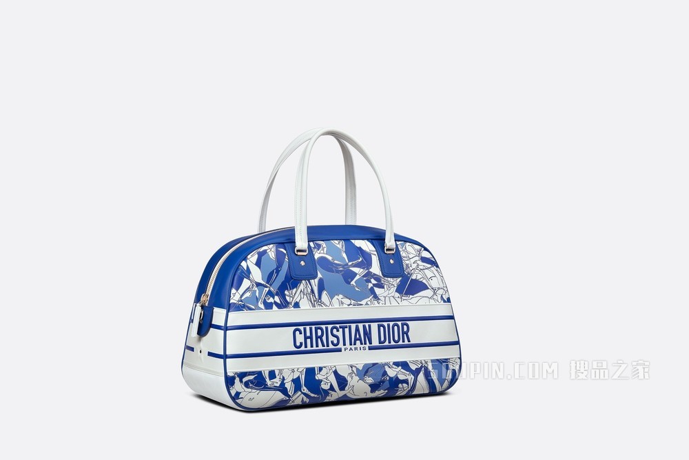 大号 Dior Vibe 经典保龄球包 蓝色和白色光滑牛皮革 Athlètes 图案