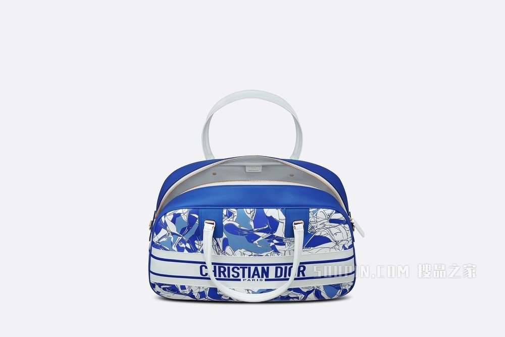 大号 Dior Vibe 经典保龄球包 蓝色和白色光滑牛皮革 Athlètes 图案