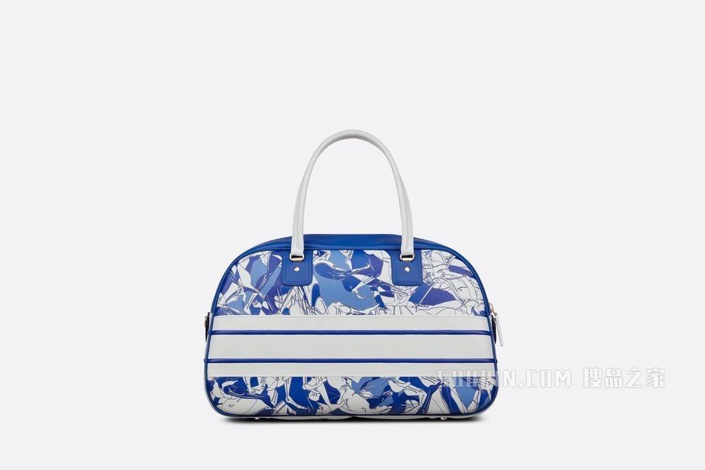 大号 Dior Vibe 经典保龄球包 蓝色和白色光滑牛皮革 Athlètes 图案