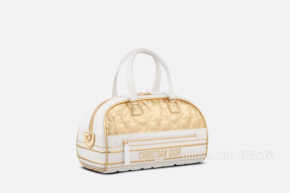 中号 Dior Vibe 拉链保龄球包 白色和金色牛皮革绗缝效果 Dior Étoile 图案