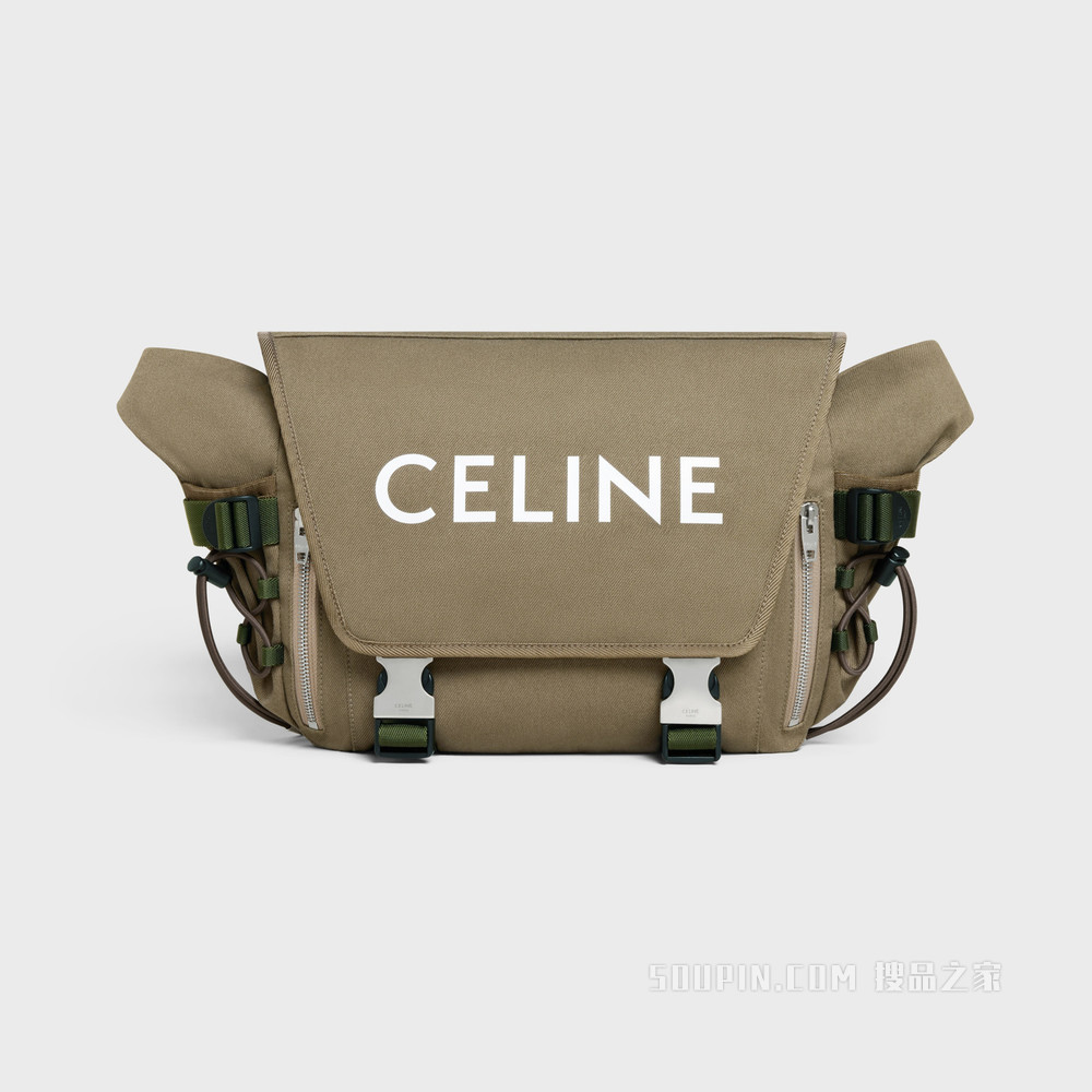 CELINE印花棉质华达呢中号徒步邮差包 卡其绿色-15KH