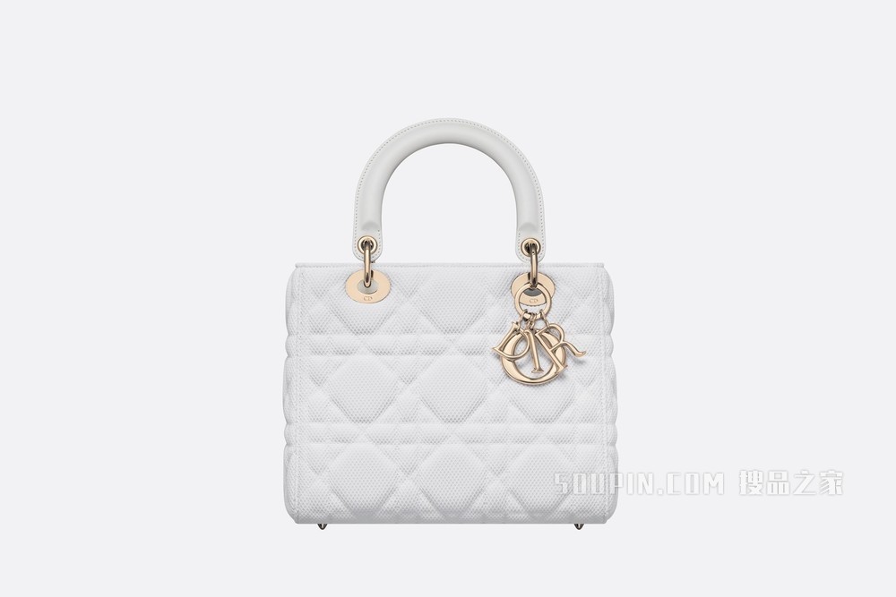 中号 Lady D-Lite 手袋 白色科技面料超大藤格纹