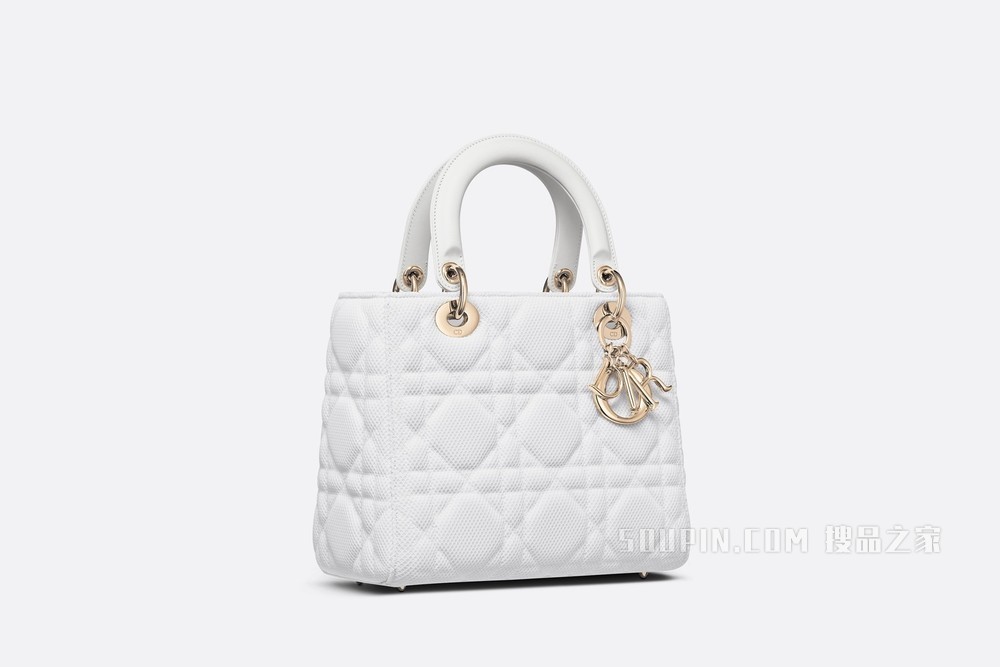 中号 Lady D-Lite 手袋 白色科技面料超大藤格纹