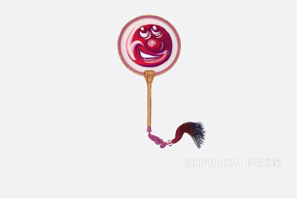 DIOR AND KENNY SCHARF 扇子 异国风情斑马木和桑蚕丝欧根纱刺绣搭配粉色玻璃珠饰与流苏