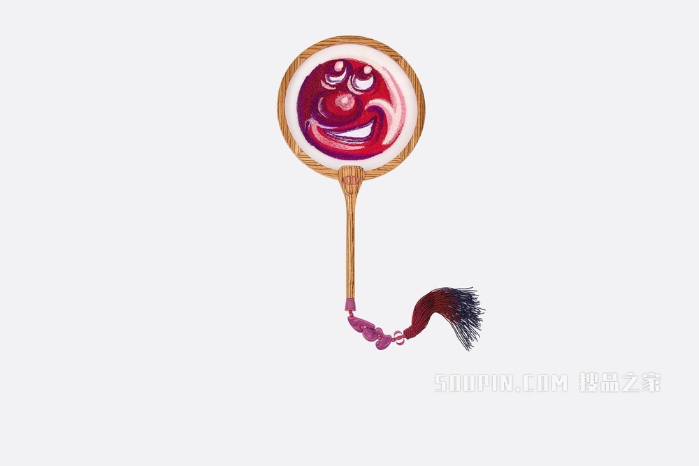 DIOR AND KENNY SCHARF 扇子 异国风情斑马木和桑蚕丝欧根纱刺绣搭配粉色玻璃珠饰与流苏