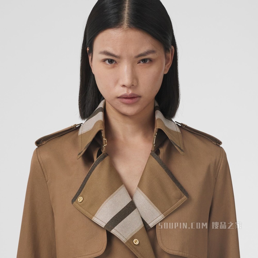 条纹裁片棉质嘎巴甸 Trench 风衣 (暖胡桃色) - 女士