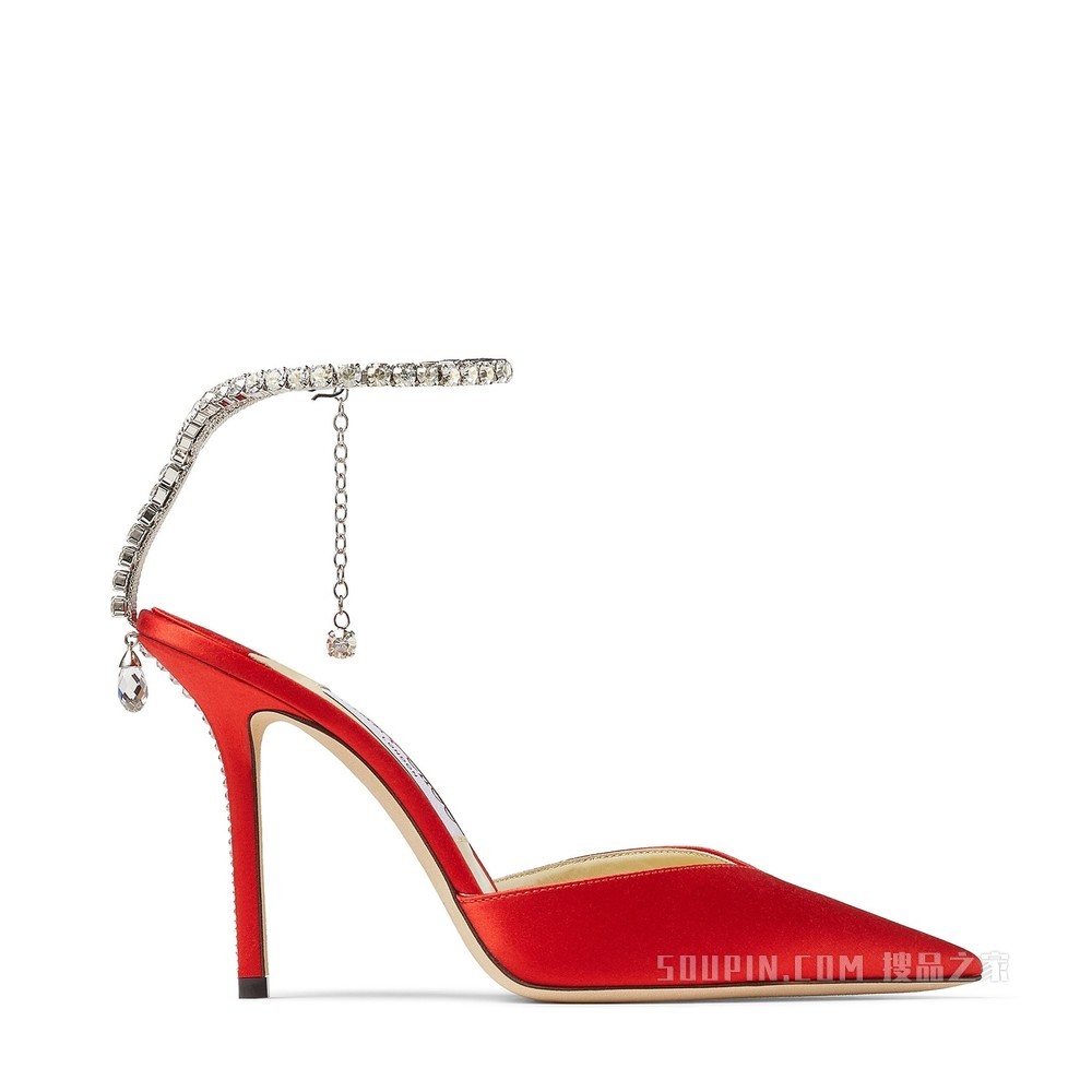 SAEDA 100 水晶装饰红色缎面高跟鞋