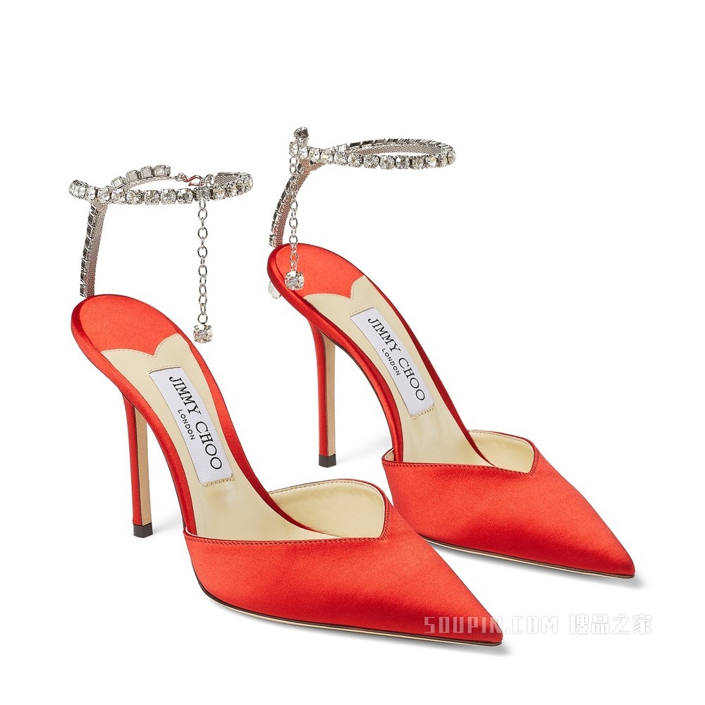SAEDA 100 水晶装饰红色缎面高跟鞋