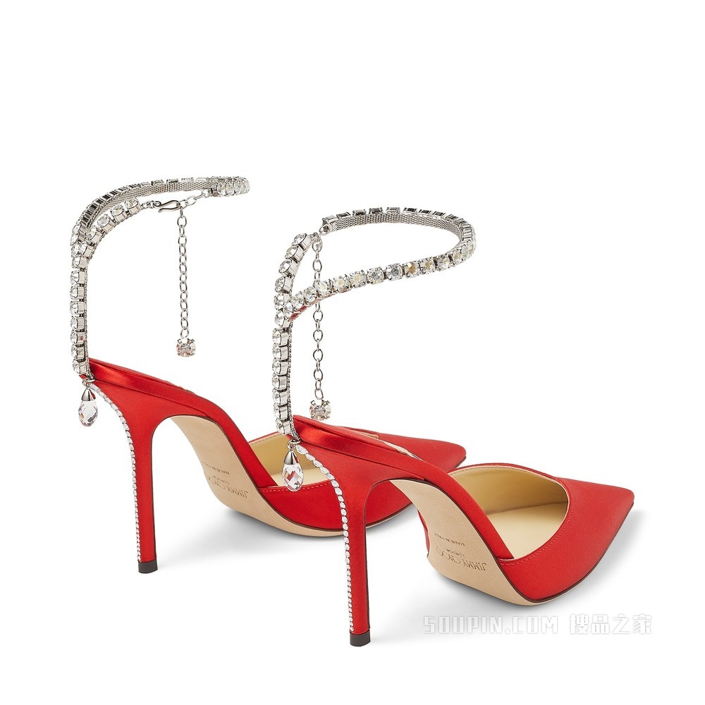 SAEDA 100 水晶装饰红色缎面高跟鞋