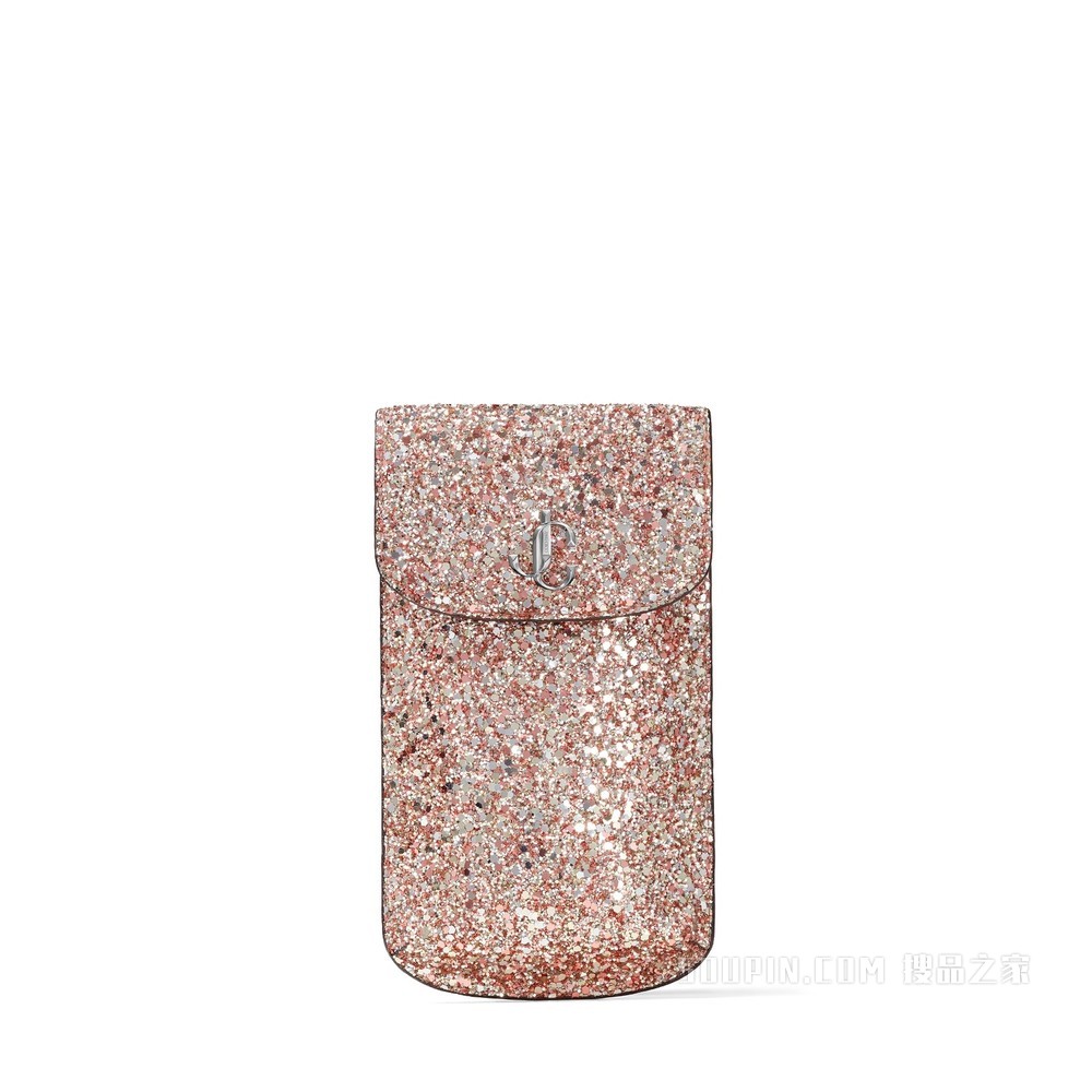 VARENNE PHONE CASE 银色 JC 徽章饰玫瑰粉色粗粒闪粉面料手机包