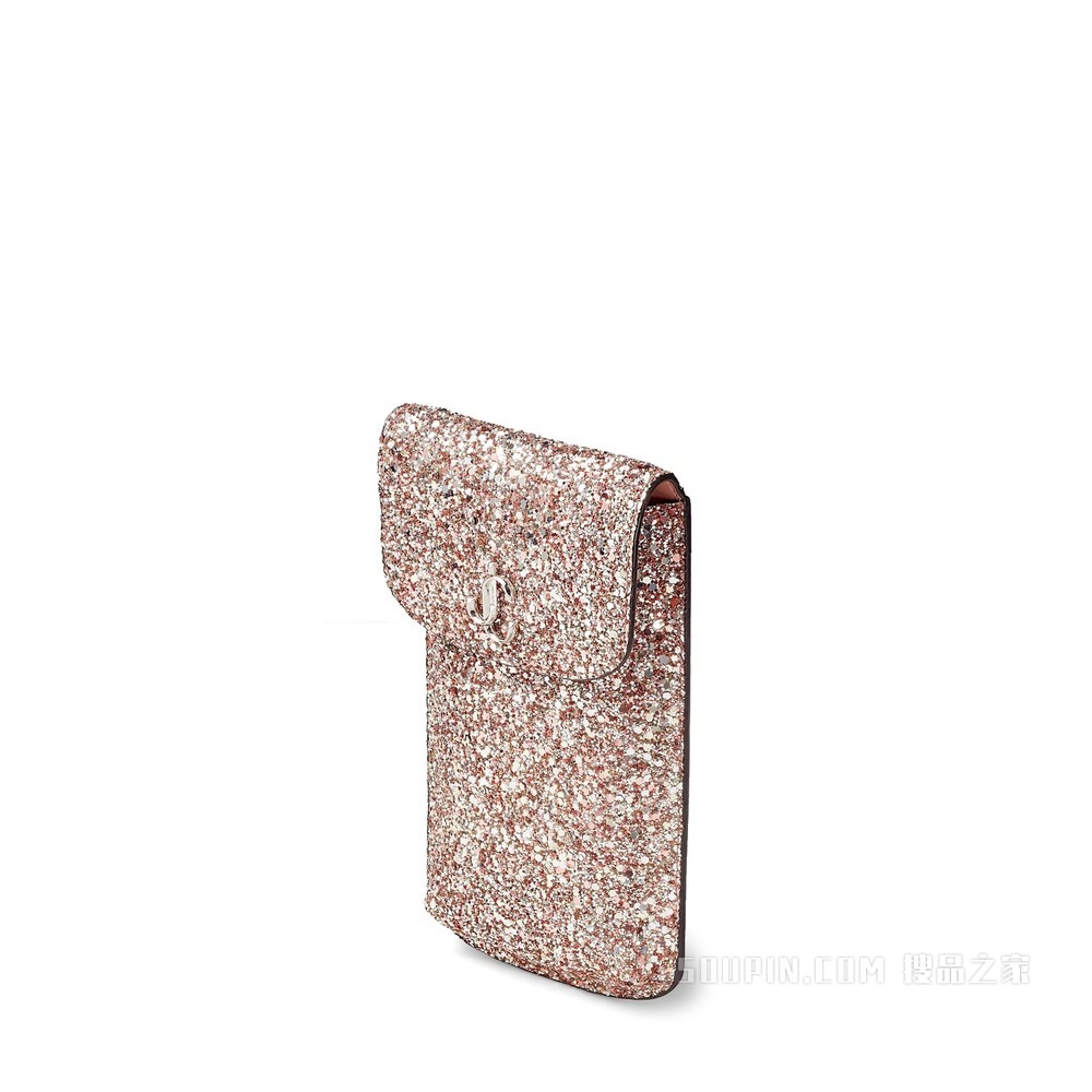 VARENNE PHONE CASE 银色 JC 徽章饰玫瑰粉色粗粒闪粉面料手机包