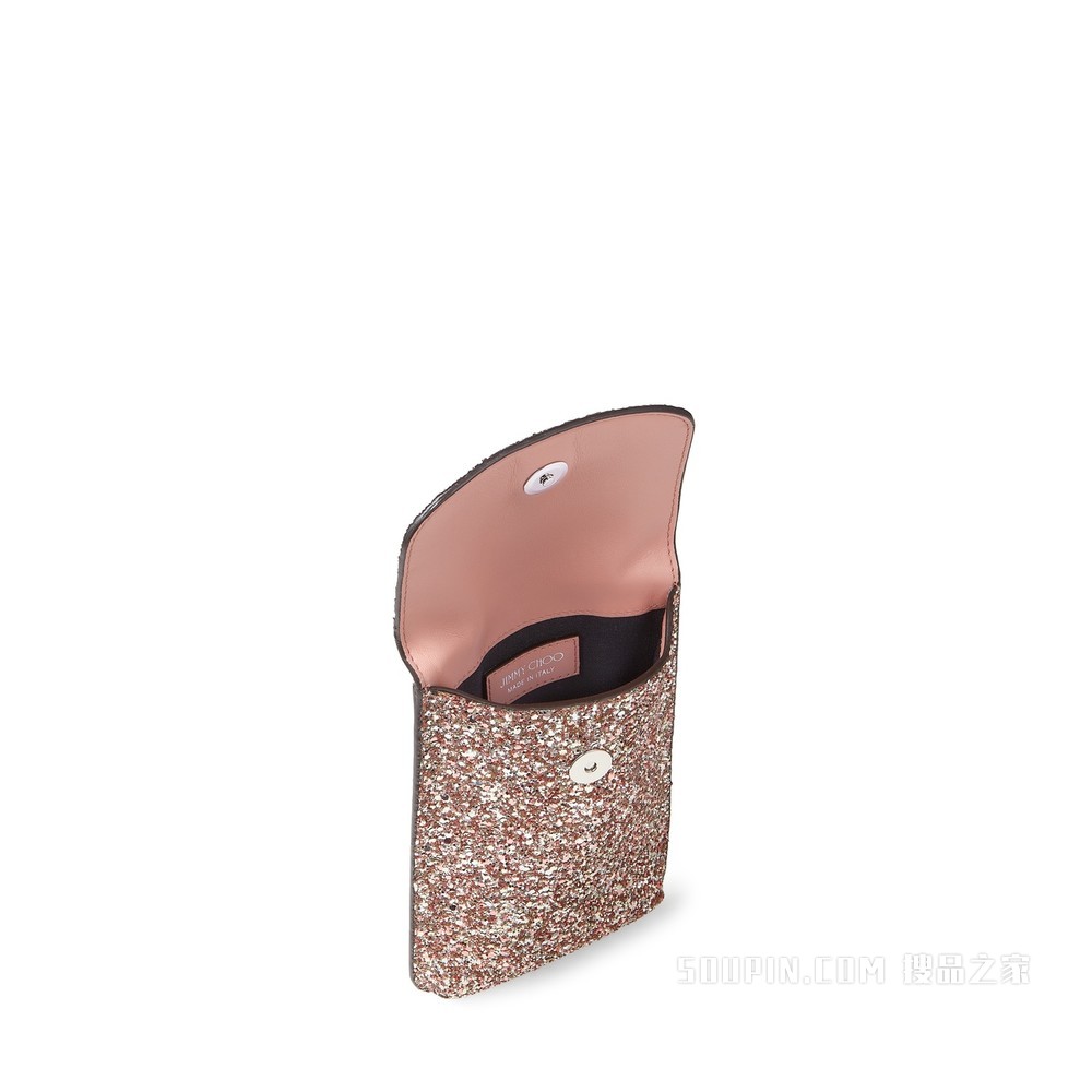 VARENNE PHONE CASE 银色 JC 徽章饰玫瑰粉色粗粒闪粉面料手机包