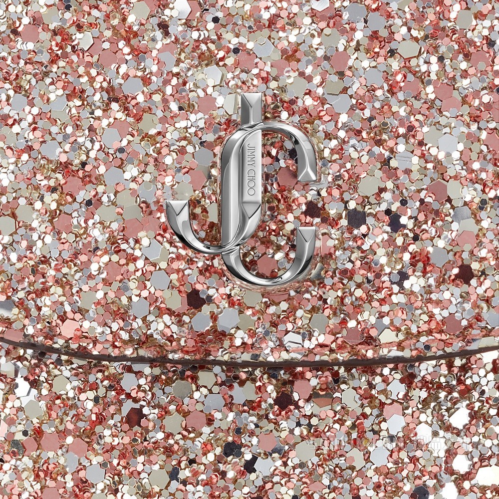 VARENNE PHONE CASE 银色 JC 徽章饰玫瑰粉色粗粒闪粉面料手机包