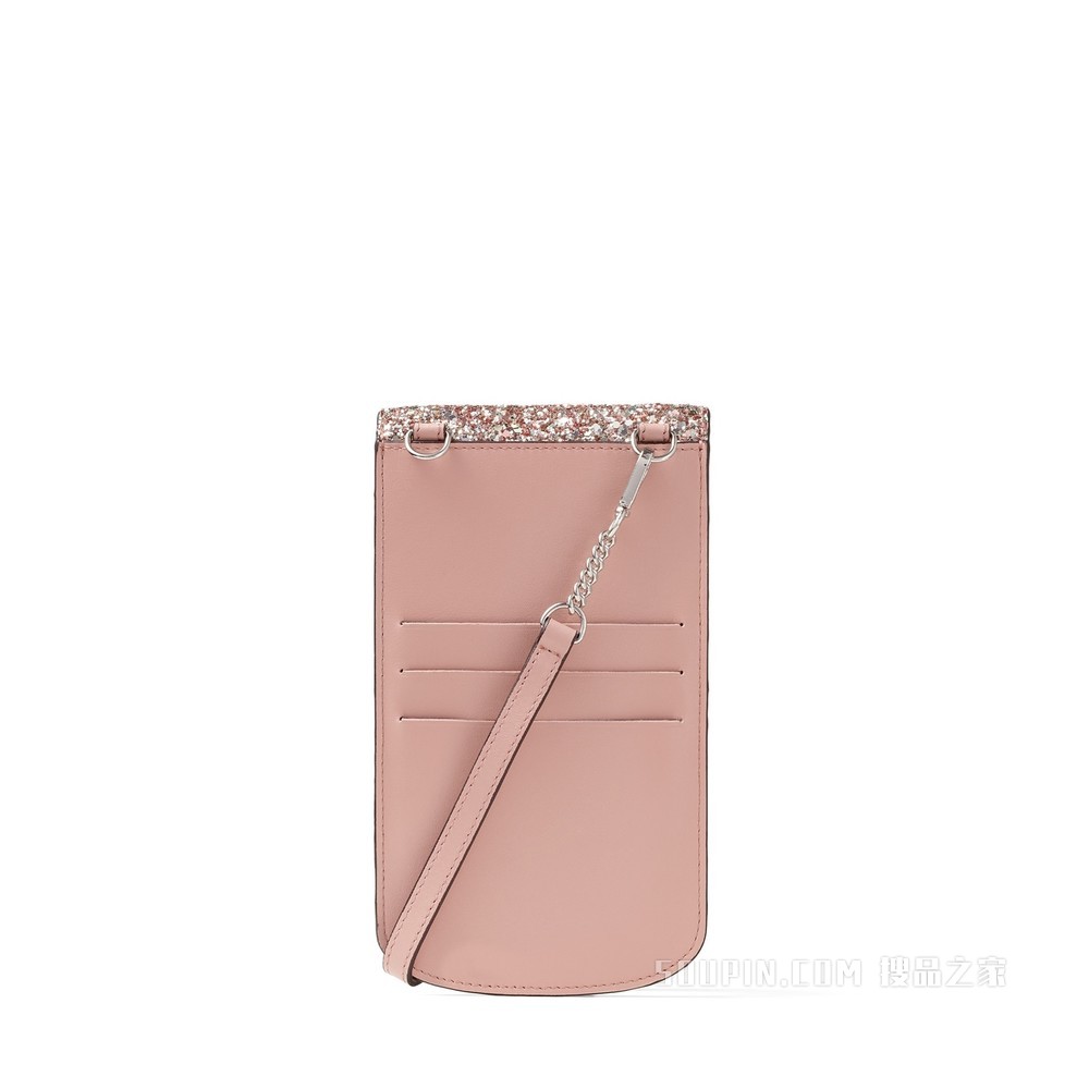 VARENNE PHONE CASE 银色 JC 徽章饰玫瑰粉色粗粒闪粉面料手机包