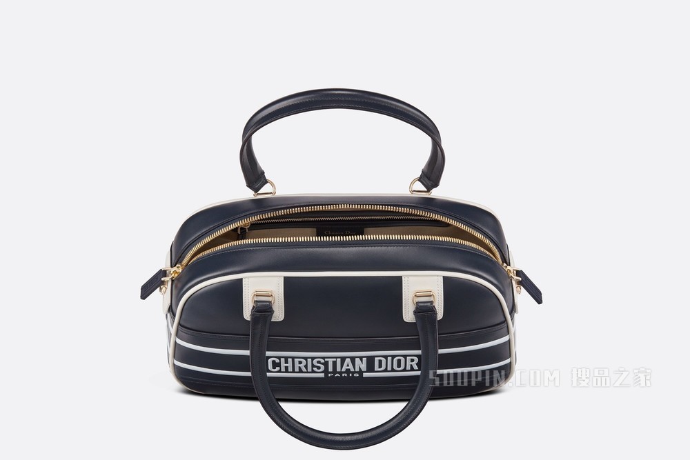 小号 Dior Vibe 拉链保龄球包 蓝色和白色光滑牛皮革