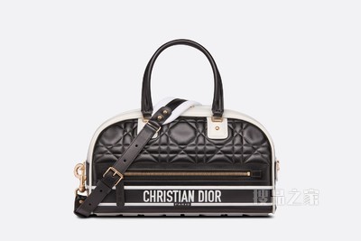 中号 Dior Vibe 拉链保龄球包 黑色和白色牛皮革绗缝效果超大藤格纹