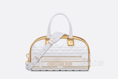 中号 Dior Vibe 拉链保龄球包 白色和金色牛皮革绗缝效果超大藤格纹