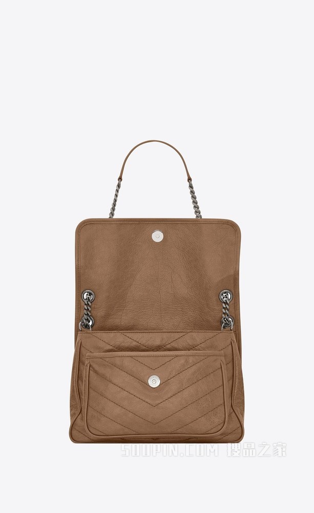 Niki中号绗缝复古褶皱皮革手袋