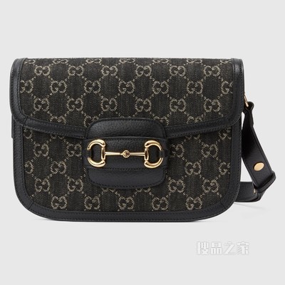 Gucci 马衔扣1955系列肩背包 黑色和象牙白色GG丹宁面料