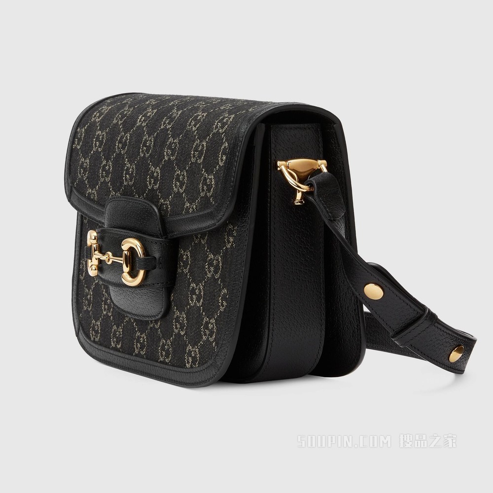 Gucci 马衔扣1955系列肩背包 黑色和象牙白色GG丹宁面料