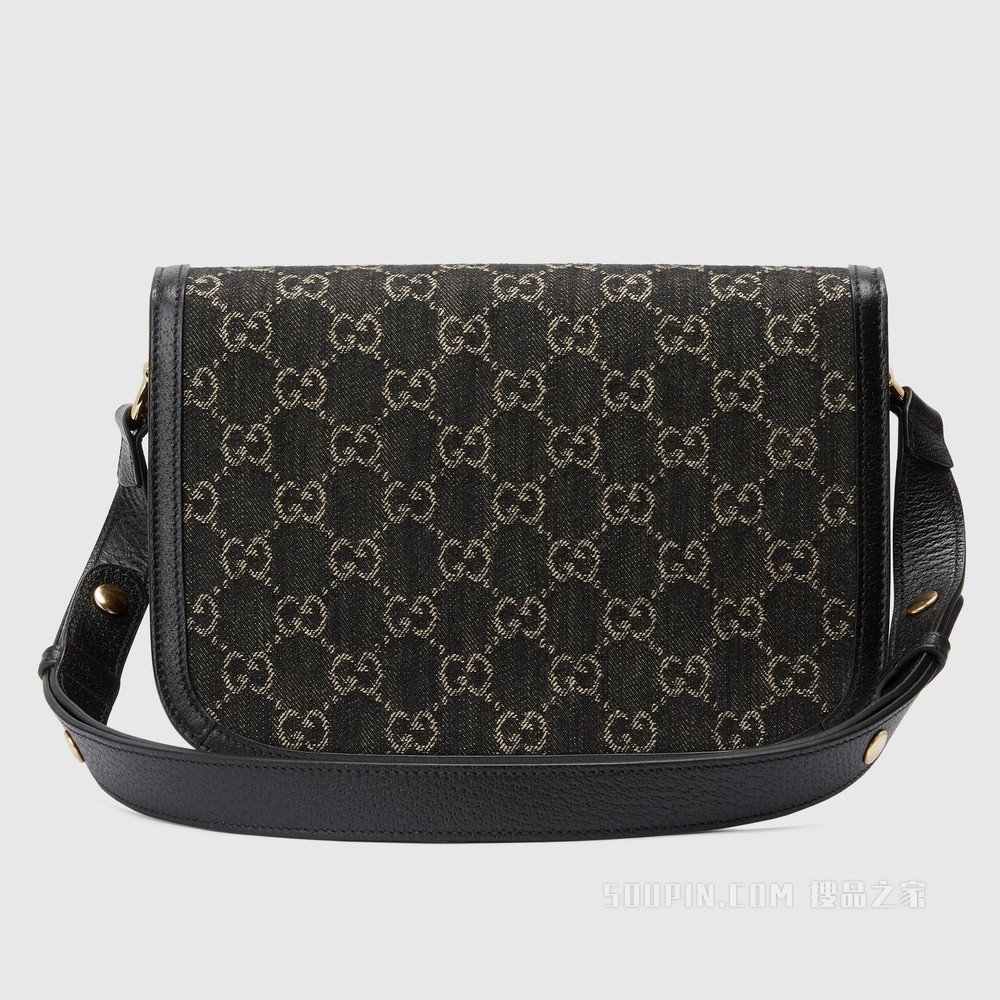 Gucci 马衔扣1955系列肩背包 黑色和象牙白色GG丹宁面料