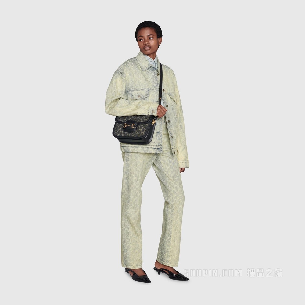 Gucci 马衔扣1955系列肩背包 黑色和象牙白色GG丹宁面料