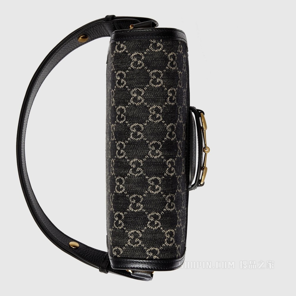 Gucci 马衔扣1955系列肩背包 黑色和象牙白色GG丹宁面料