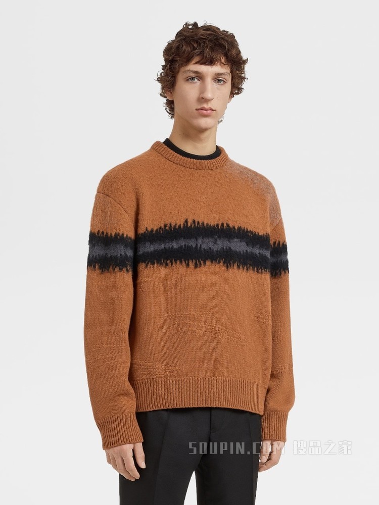 驼色黑色Oasi羊绒圆领针织衫