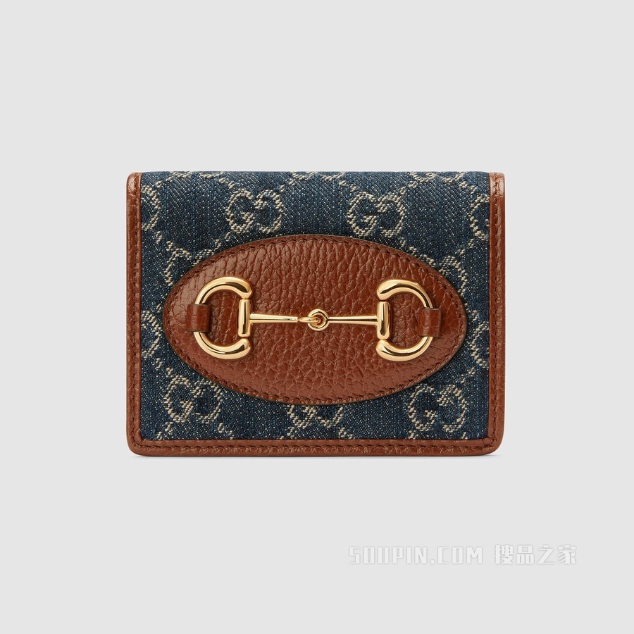 Gucci 马衔扣1955系列卡包 蓝色和象牙白色GG丹宁提花面料
