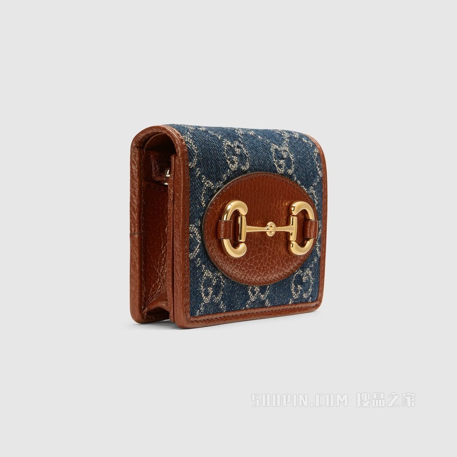 Gucci 马衔扣1955系列卡包 蓝色和象牙白色GG丹宁提花面料