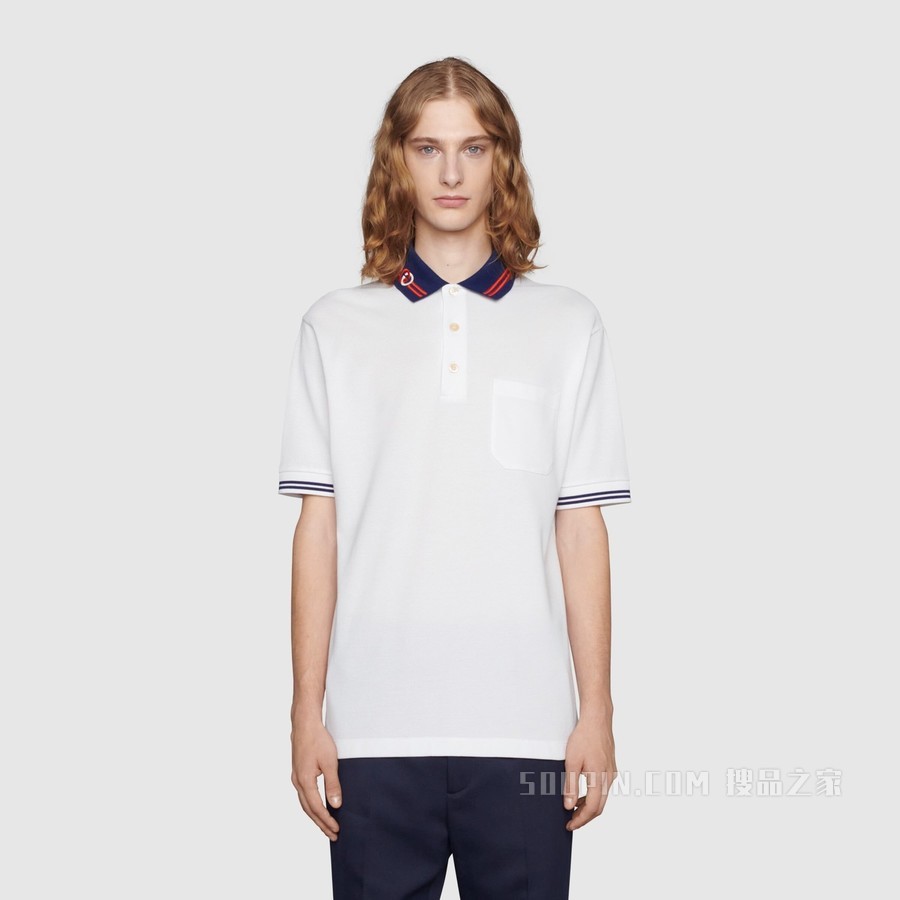 饰互扣式双G珠地棉Polo衫 白色和蓝色
