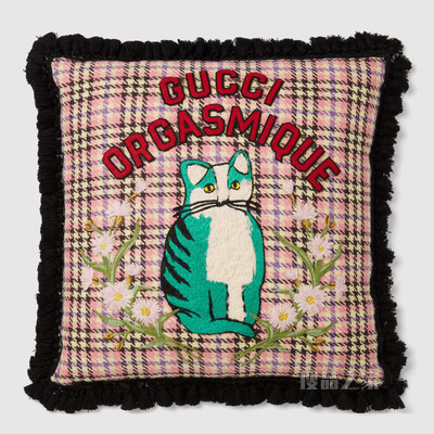 饰“Gucci Orgasmique”猫咪贴饰靠垫 象牙白色和紫罗兰色