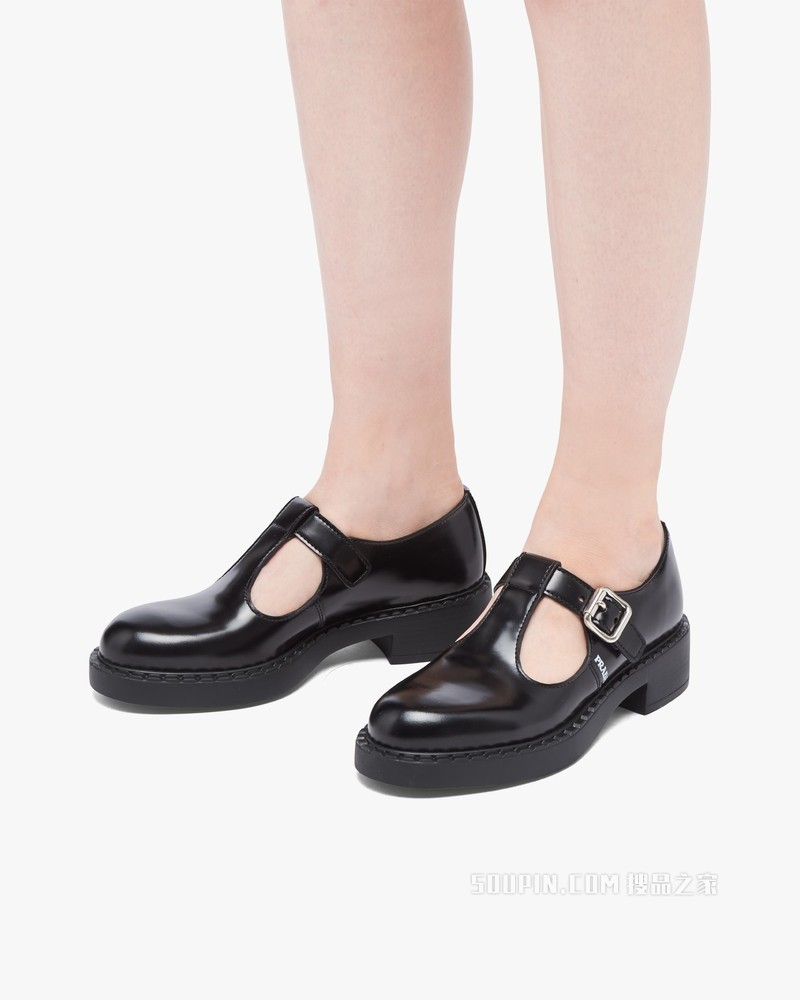 亮面皮革T字系带鞋
