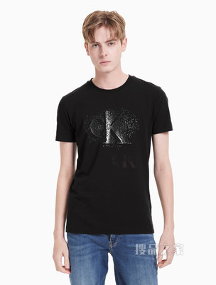 Calvin Klein 男装时尚数码像素层叠LOGO圆领短袖T恤 J318156