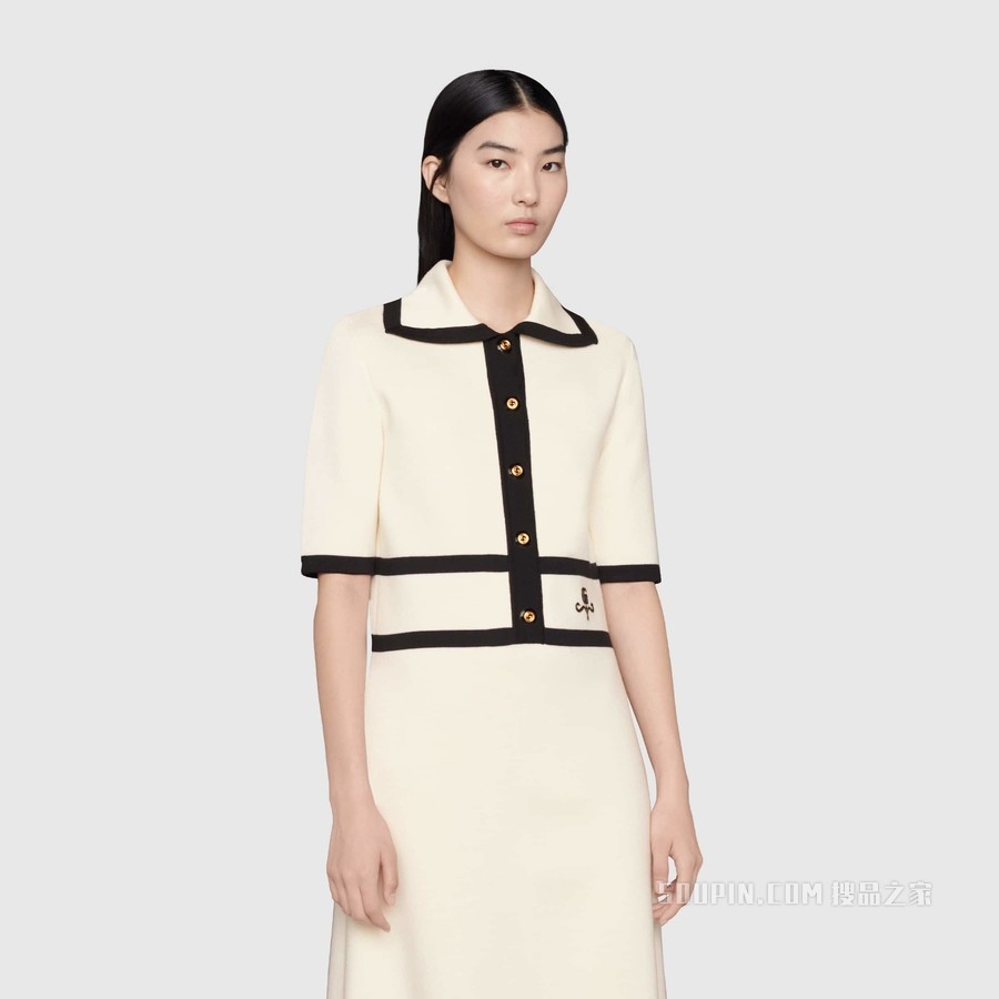 羊毛GG珠地棉提花Polo裙 象牙白色