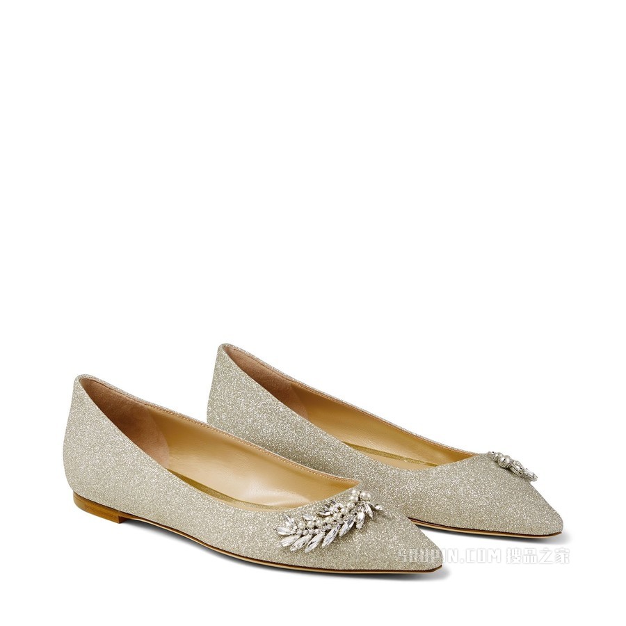 ROMY FLAT 水晶装饰冰白金色微粒闪粉面料尖头平底鞋