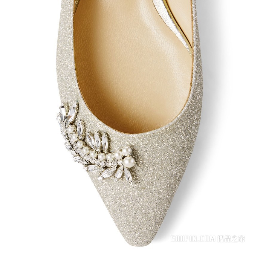 ROMY FLAT 水晶装饰冰白金色微粒闪粉面料尖头平底鞋