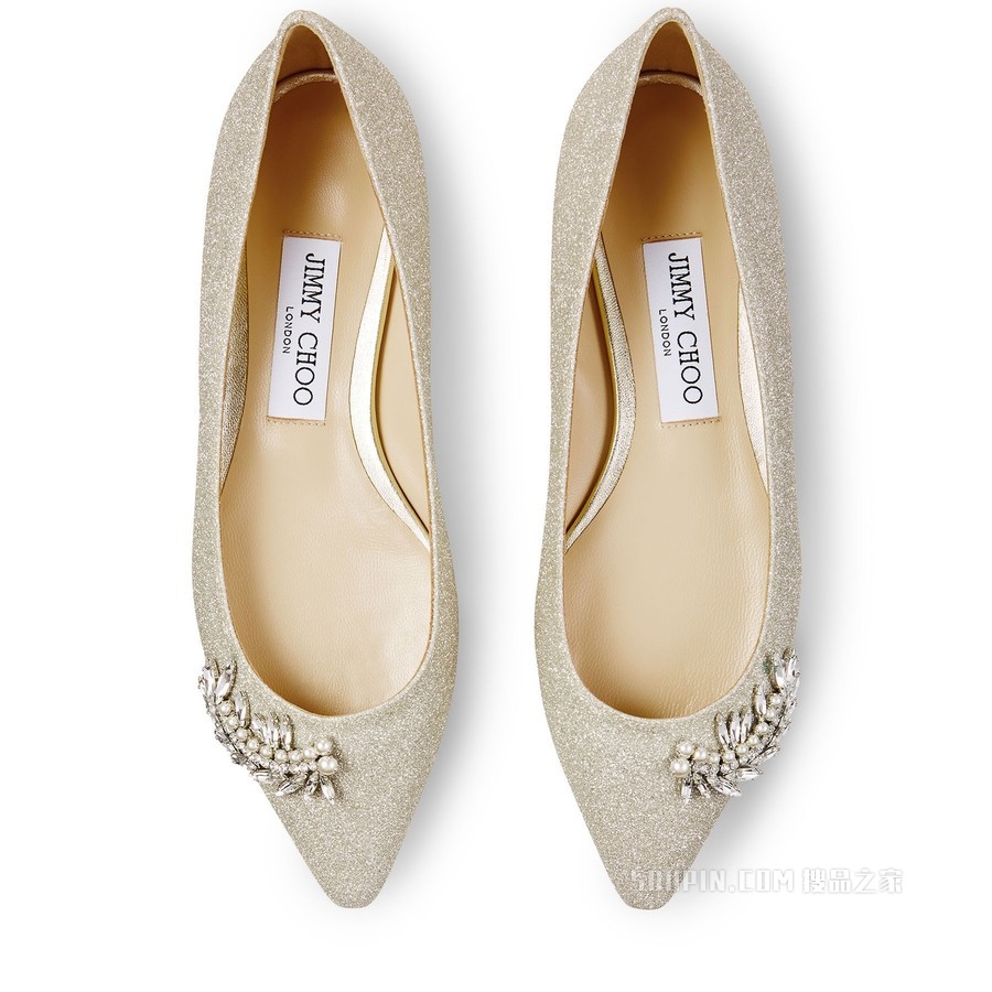 ROMY FLAT 水晶装饰冰白金色微粒闪粉面料尖头平底鞋