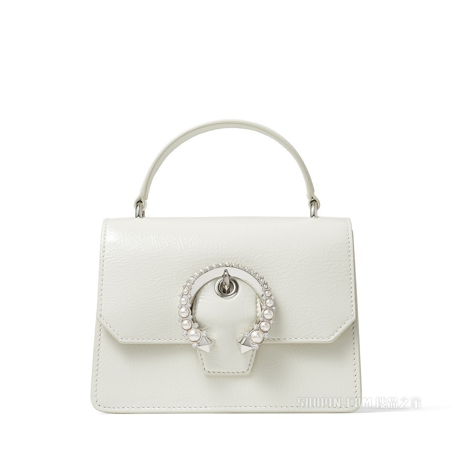 MADELINE SATCHEL/S 珍珠扣黑色漆皮革手拎包