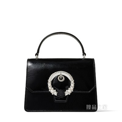 MADELINE SATCHEL/S 珍珠扣黑色漆皮革手拎包