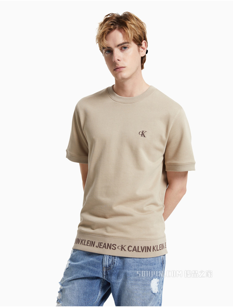 Calvin Klein 男装全棉圆领LOGO罗纹摆围短袖卫衣J319639