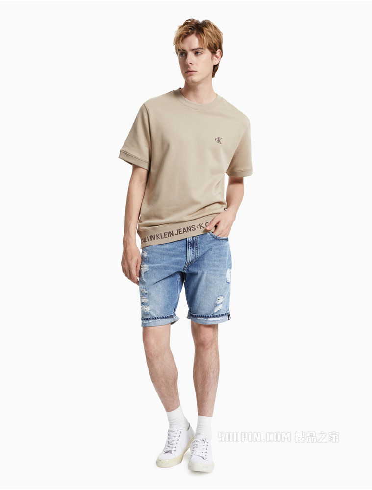 Calvin Klein 男装全棉圆领LOGO罗纹摆围短袖卫衣J319639