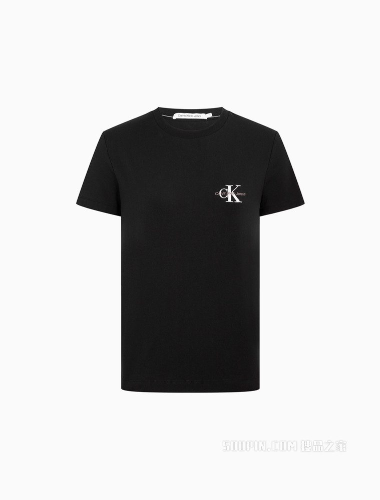 Calvin Klein 女士舒适圆领交叠刺绣LOGO短袖T恤J218883