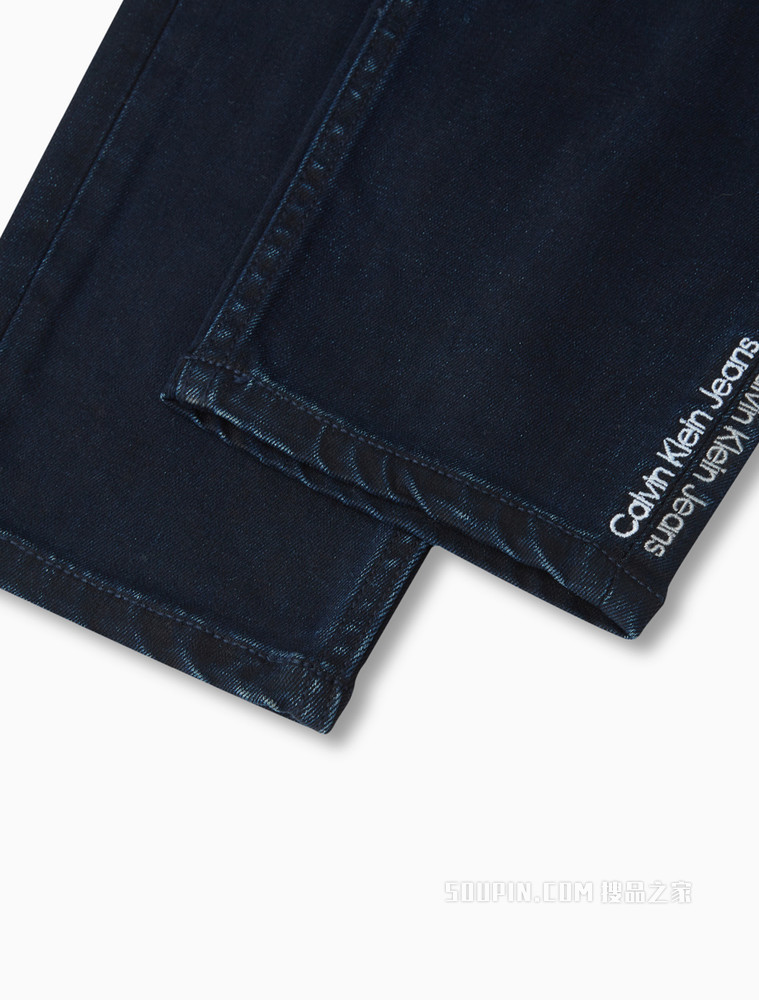 Calvin Klein 女士中腰弹力蓝黑水洗刺绣七分牛仔裤J218750