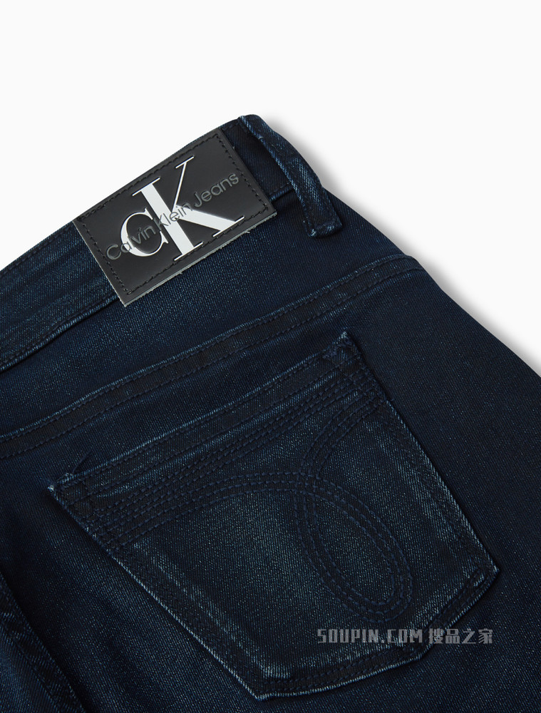 Calvin Klein 女士中腰弹力蓝黑水洗刺绣七分牛仔裤J218750