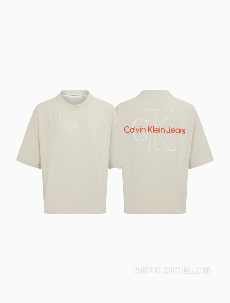 Calvin Klein 女士圆领宽松纯棉刺绣短款短袖T恤J218912