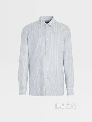 白色条纹 Crossover 棉质亚麻及桑蚕丝混纺精裁衬衫，Milano 合身版型