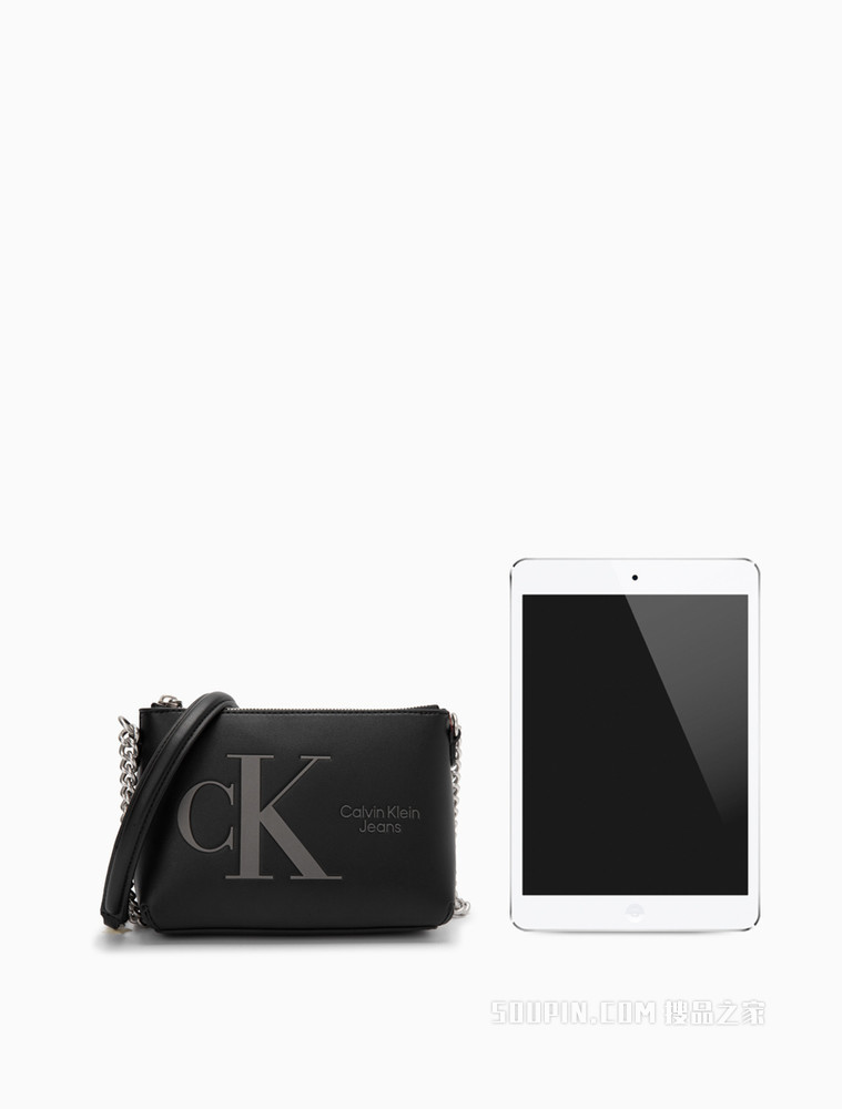 Calvin Klein 女士哑光压纹LOGO拉链链条单肩斜挎包DH3104
